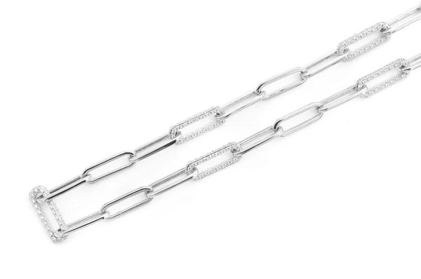 3.00ct Diamond 3 Row Elongated Rolo Link Necklace 18K Solid Gold