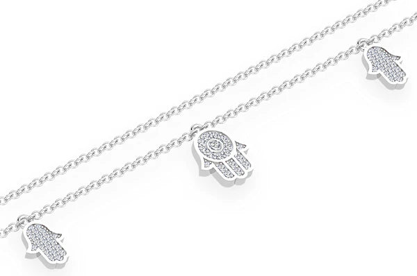 0.40ct Diamond 5 Hamsa Rolo Connected Necklace 18K Solid Gold
