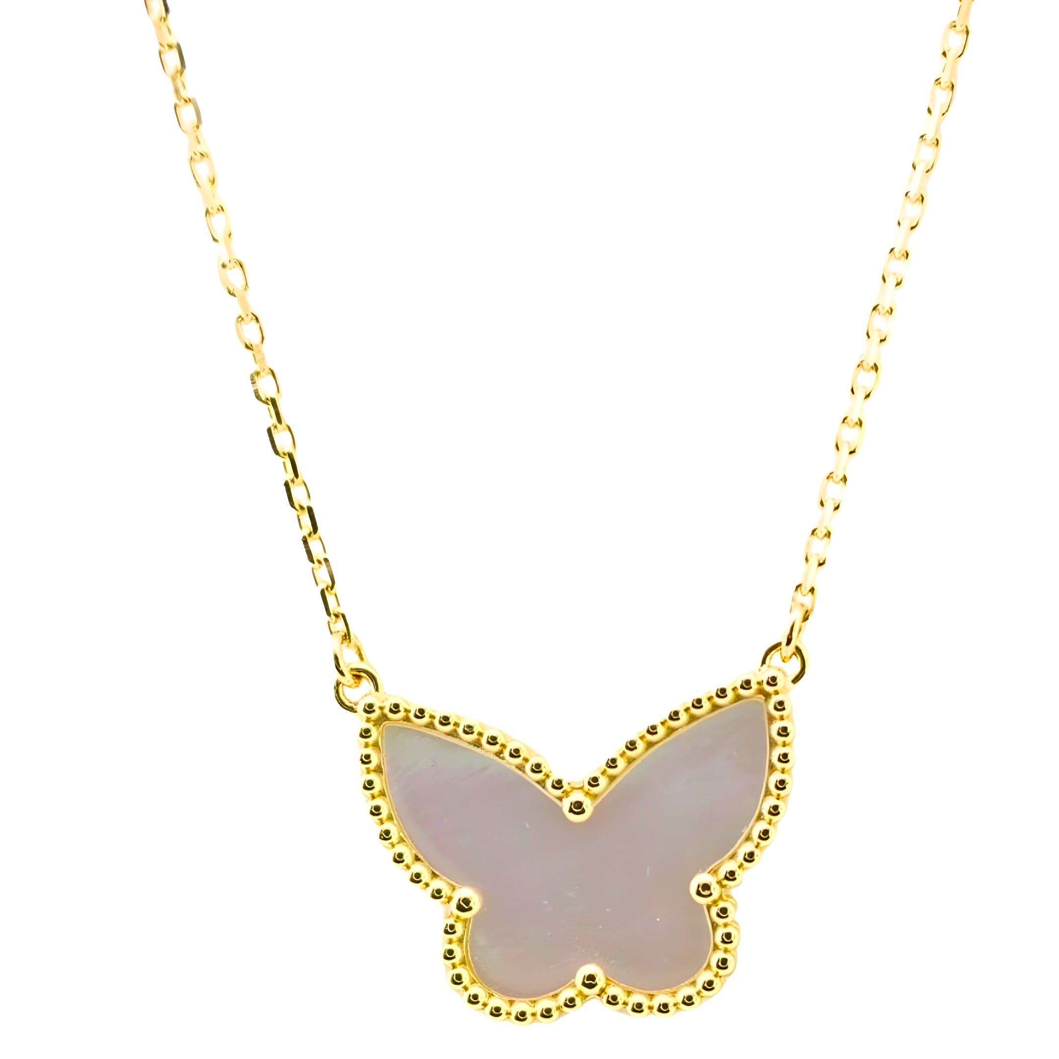 Van Cleef & Arpels Lucky Vintage Alhambra Butterfly Pendant White Mother-Of-Pearl Butterfly 18K Yellow Gold