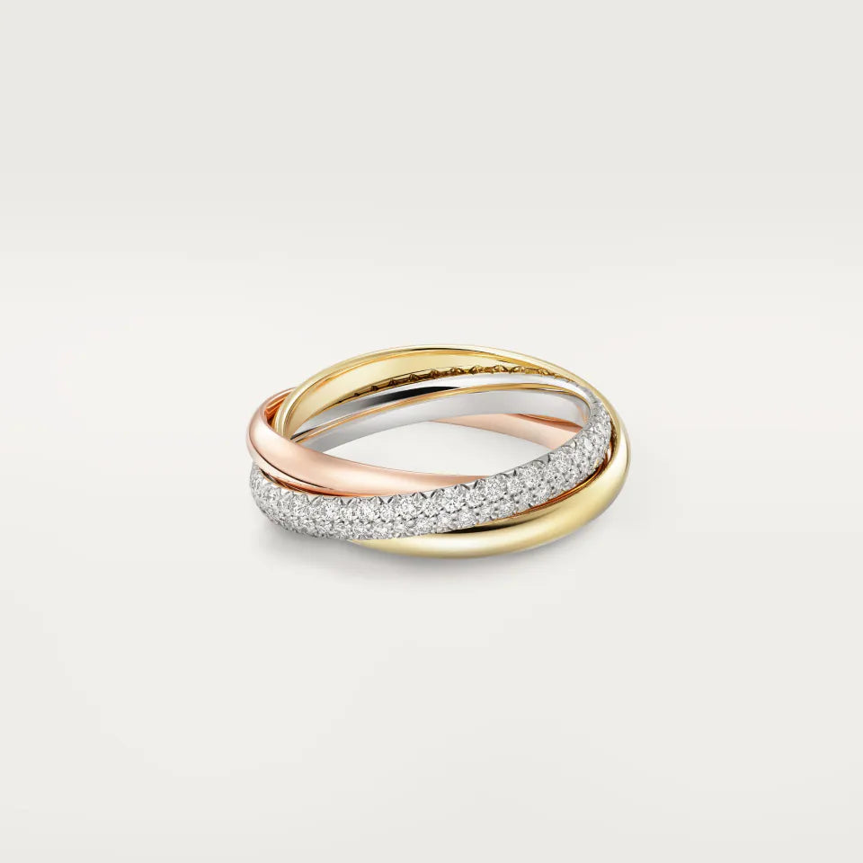 Cartier Trinity Ring Small Model Half-Paved Diamonds 18K White, Yellow & Rose Gold