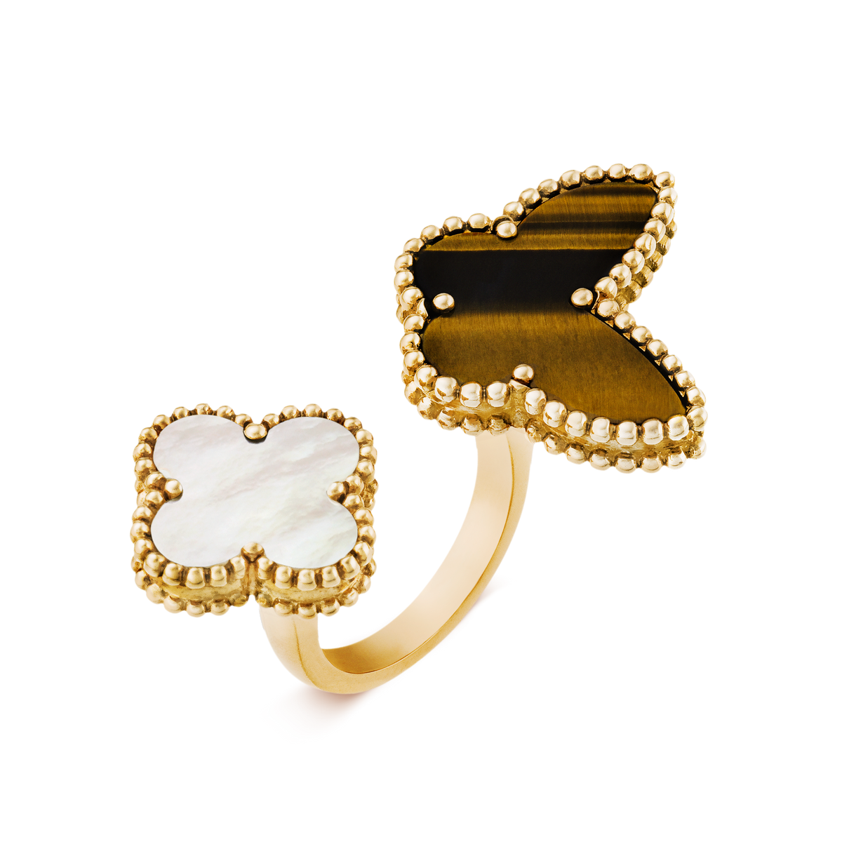Van Cleef & Arpels Lucky Alhambra Mother-of-Pearl Tiger's Eye Between the Finger Ring 18K Yellow Gold