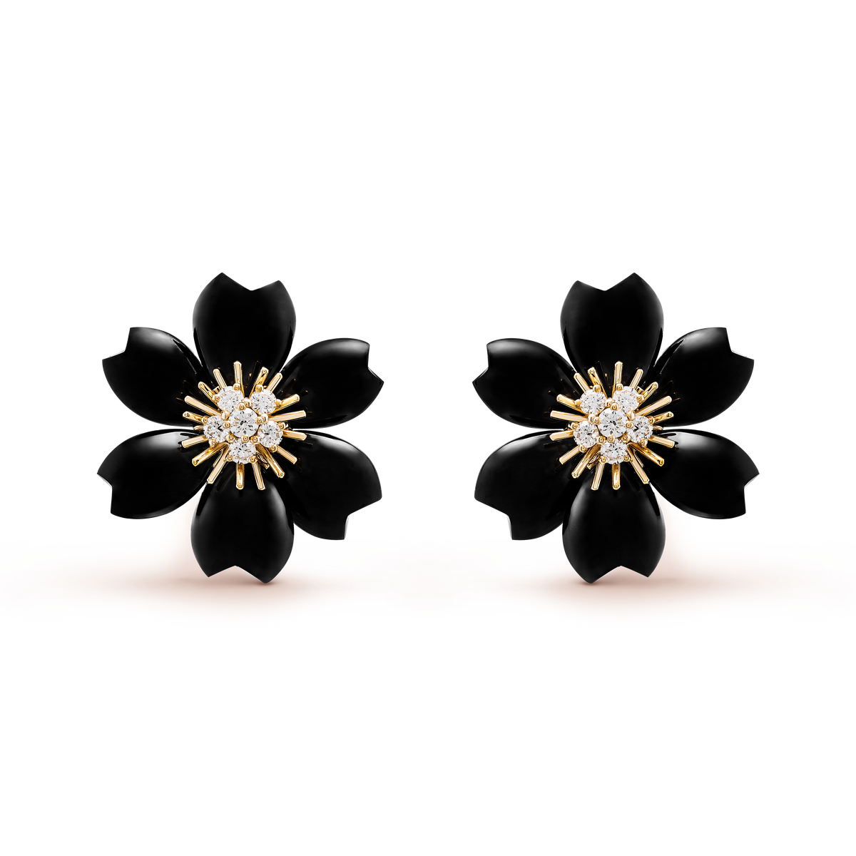 Van Cleef & Arpels Rose De Noël Diamond Onyx Small Earrings 18K Yellow Gold