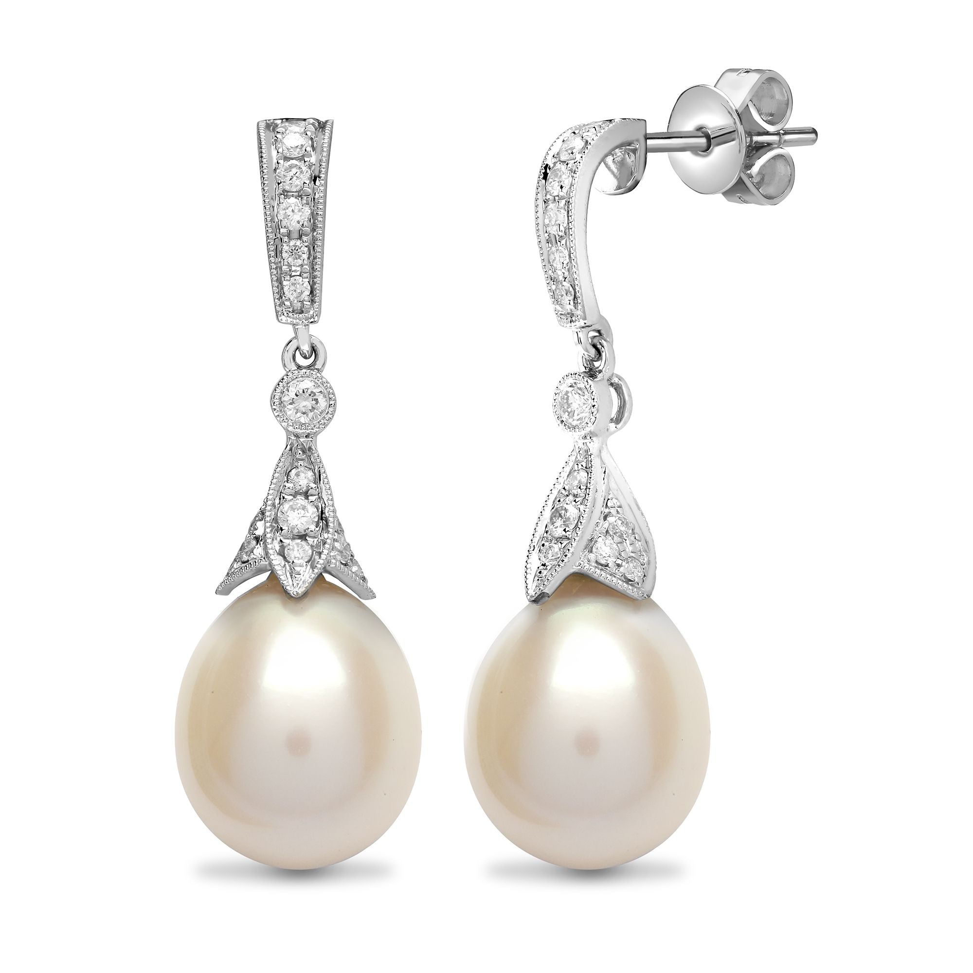18ct White Gold Natural Diamond And Pearl Drop Earrings