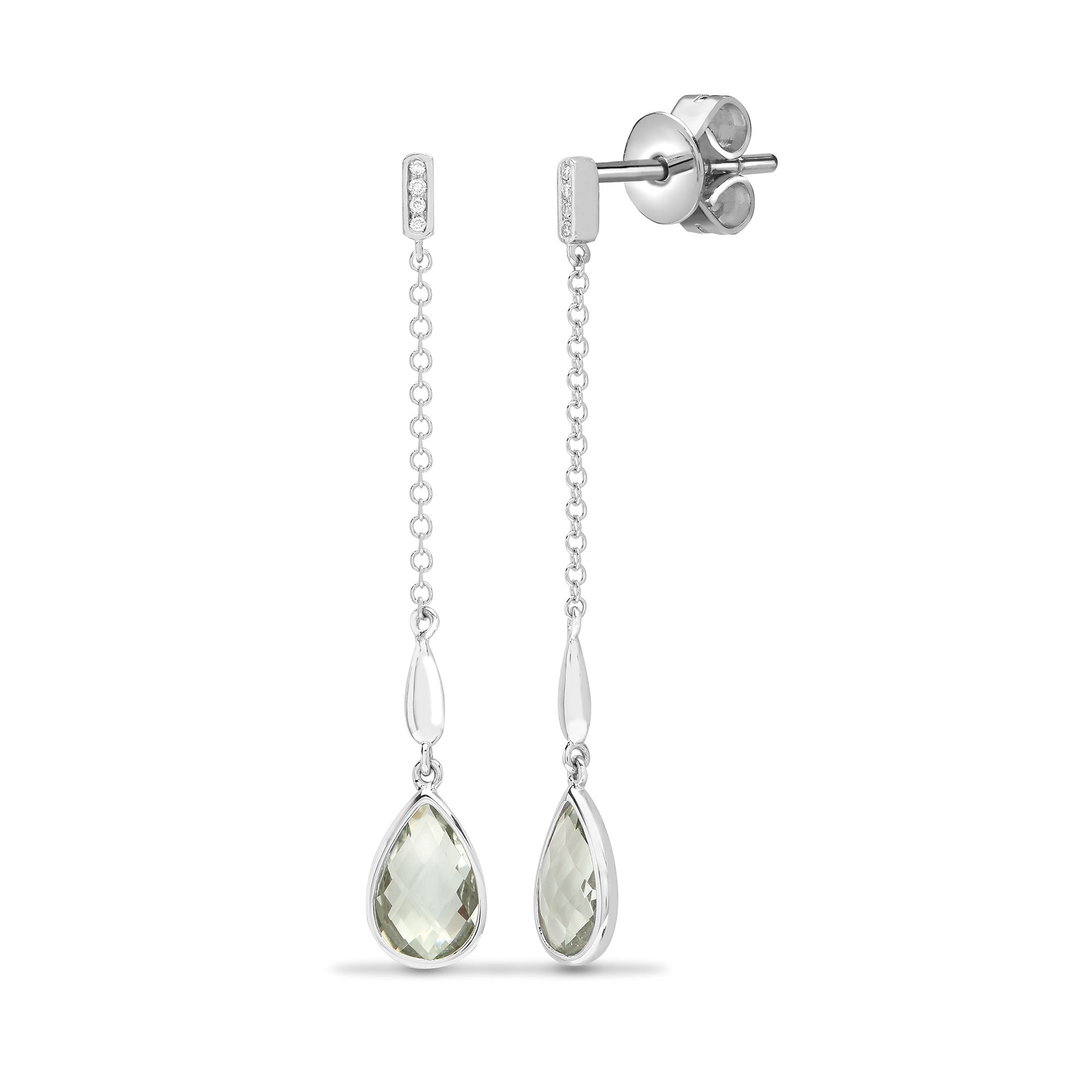 18ct White Gold Natural Diamond And Green Amethyst Drop Earrings