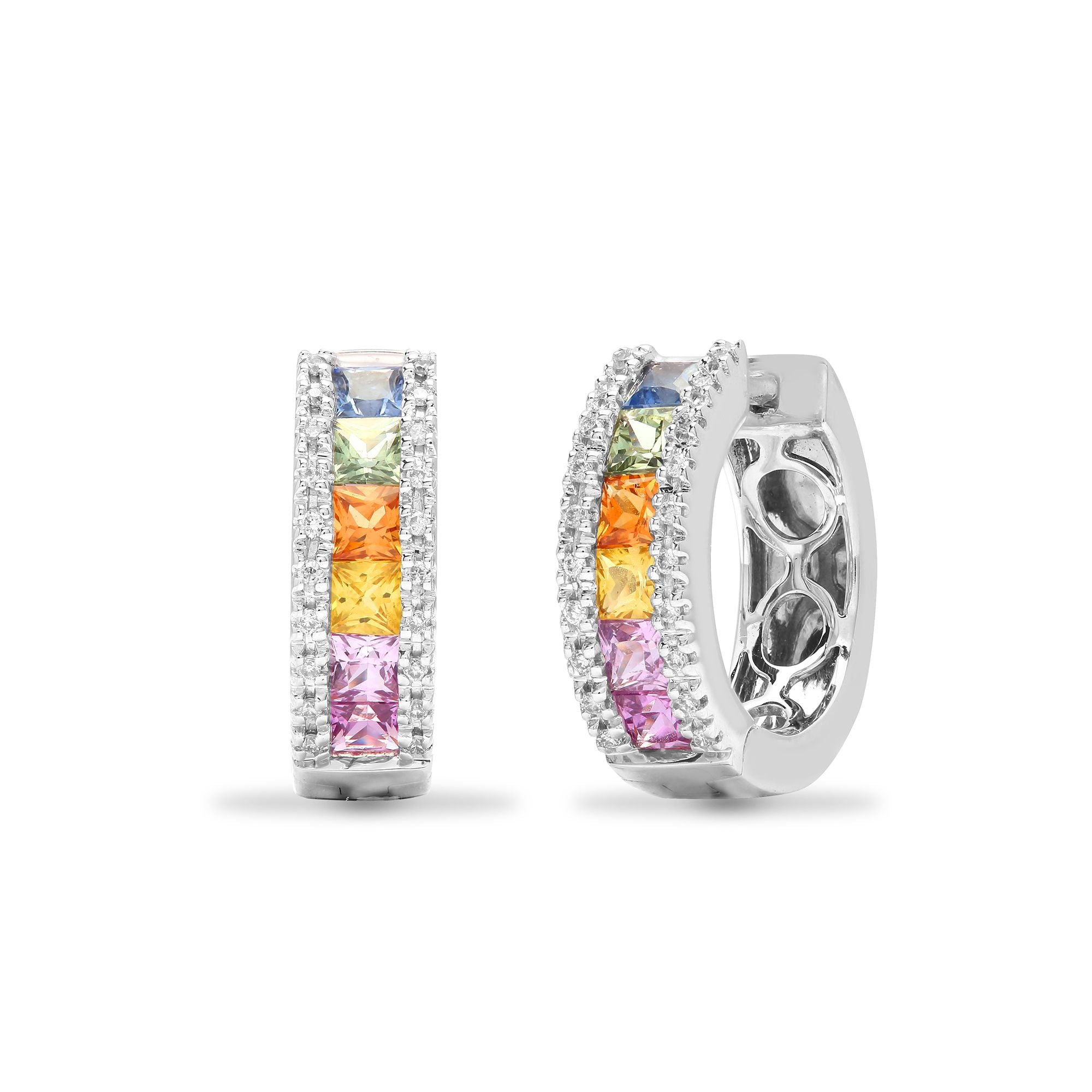 18ct White Gold Natural Diamond And Multi Coloured Sapphires Earrings