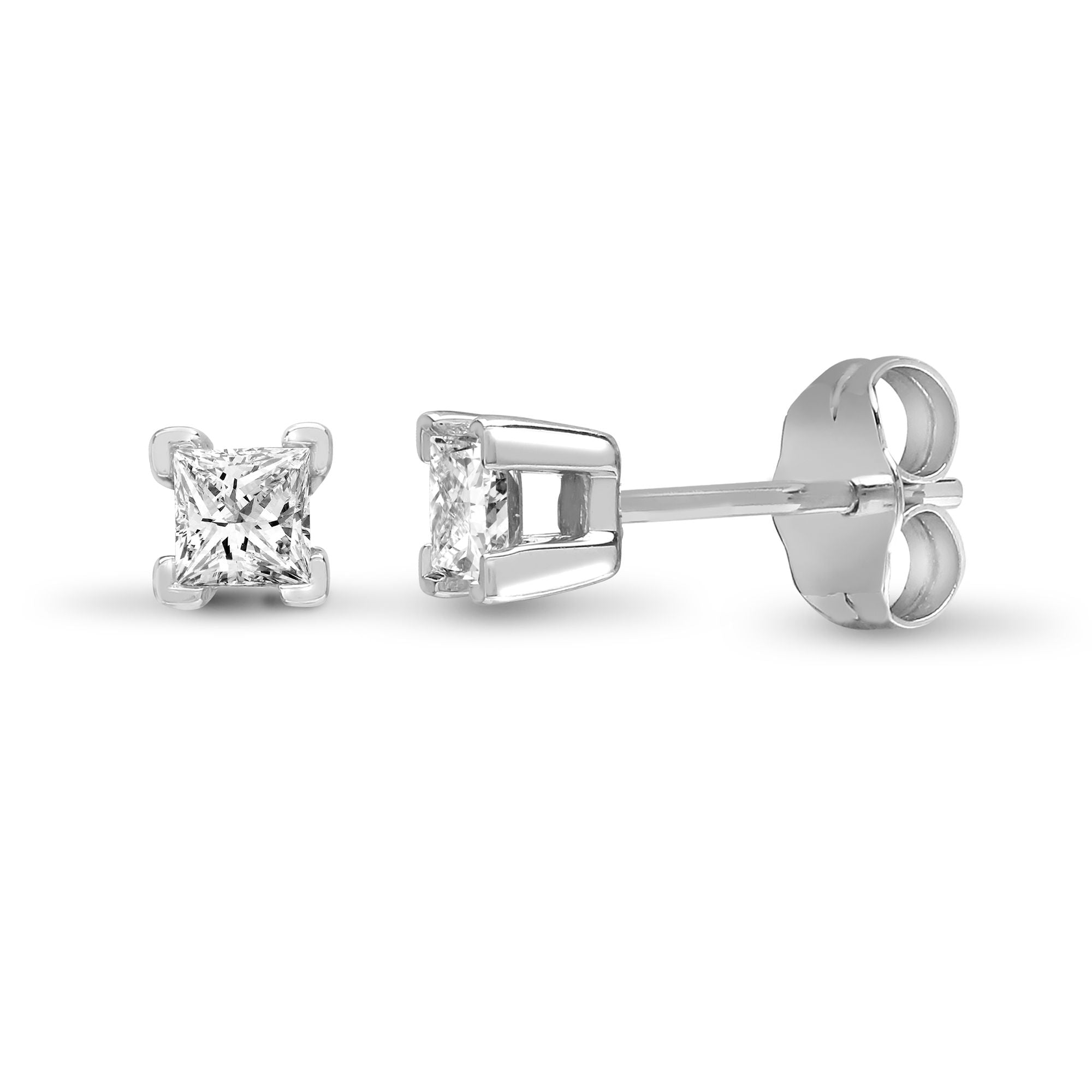 18ct White Gold 50pt Princess Cut 4 Claw Natural Diamond Stud Earring