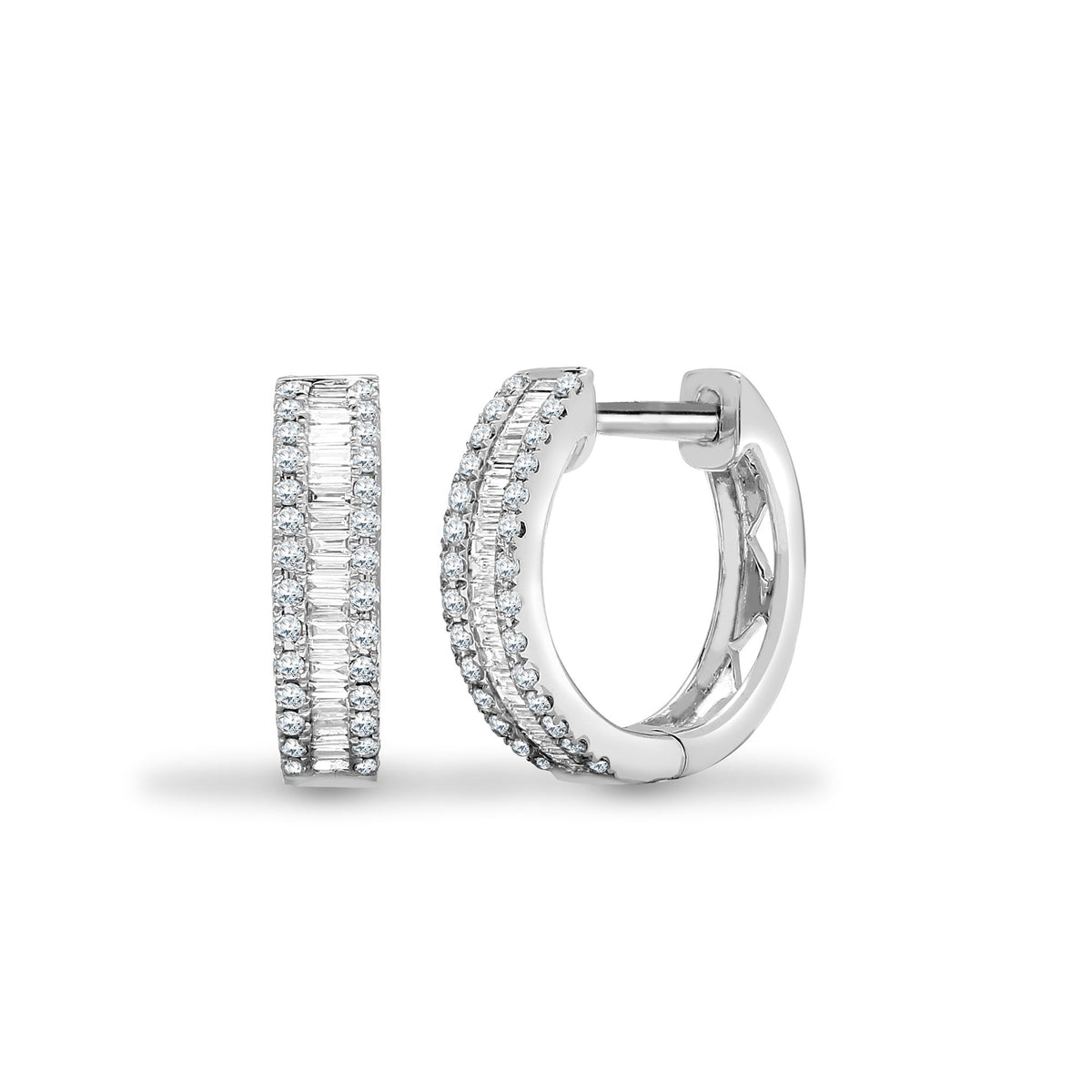 18ct White Gold Round & Baguette Natural Diamond Hoop Earring