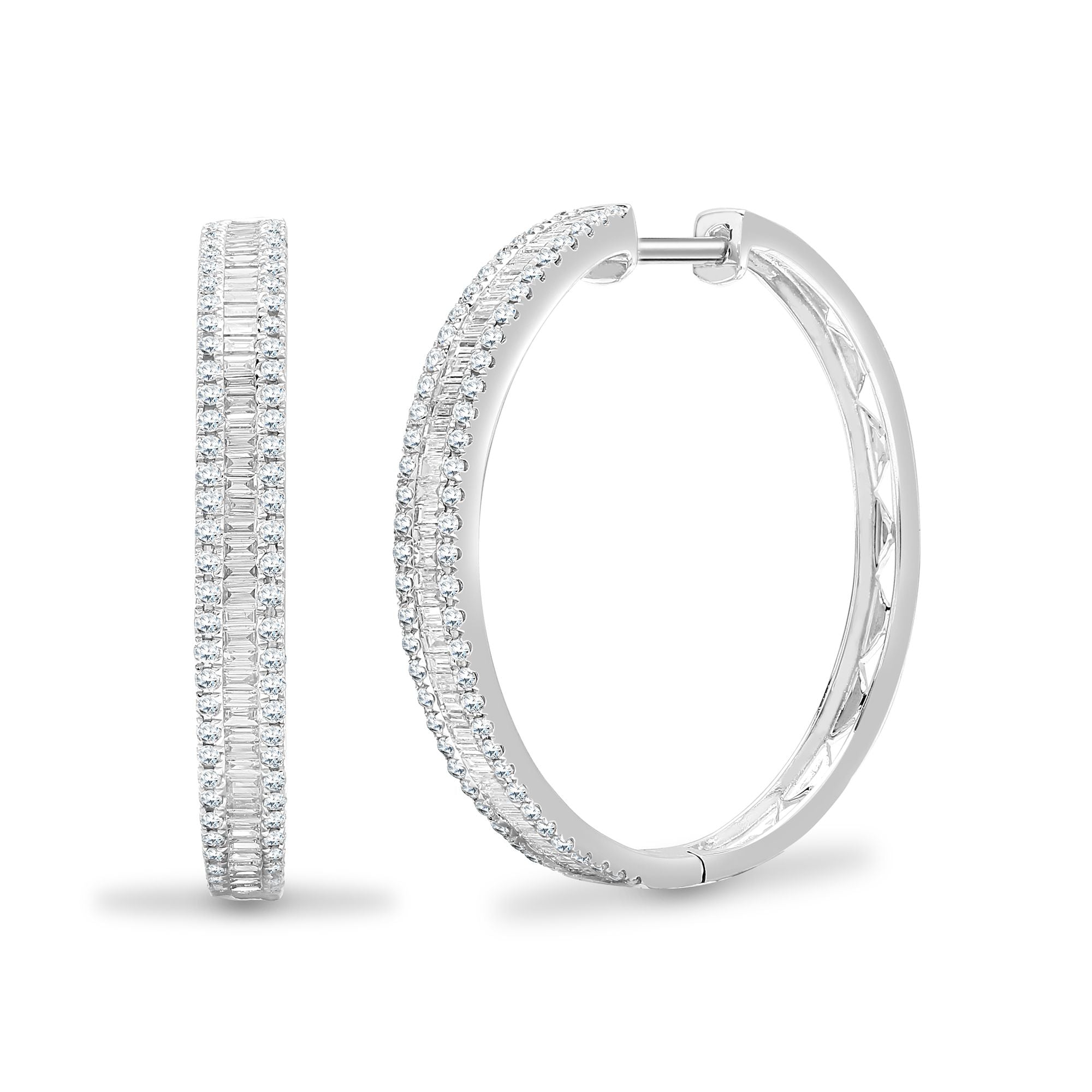 18ct White Gold 1.05ct Round & Baguette Natural Diamond Hoop Earring
