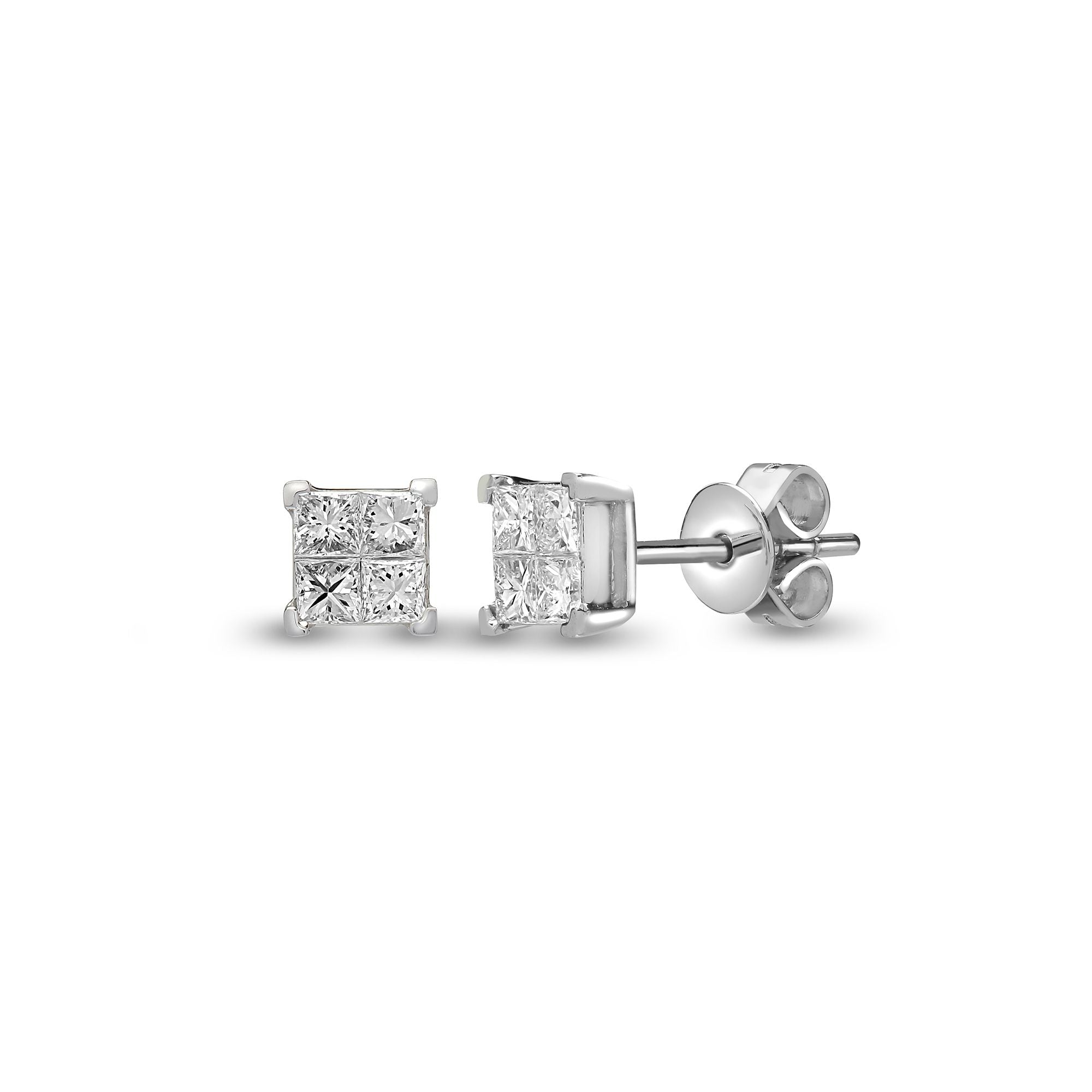 18ct White 1.00ct Natural Diamond 4 x Princess Cut Stud Earring