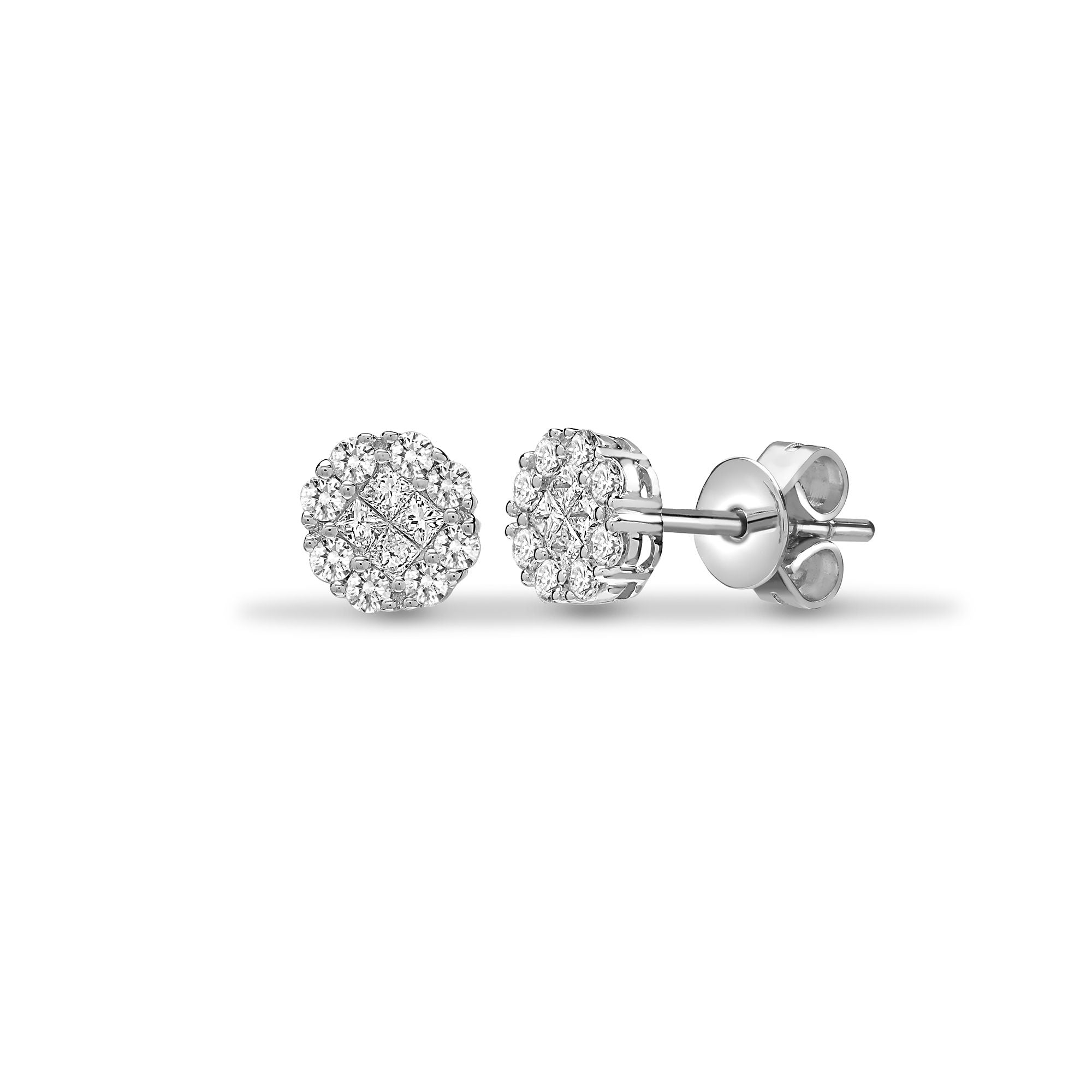 18E408-100 | 18ct White 1.00ct Princess & Round Natural Diamond Cluster Studs