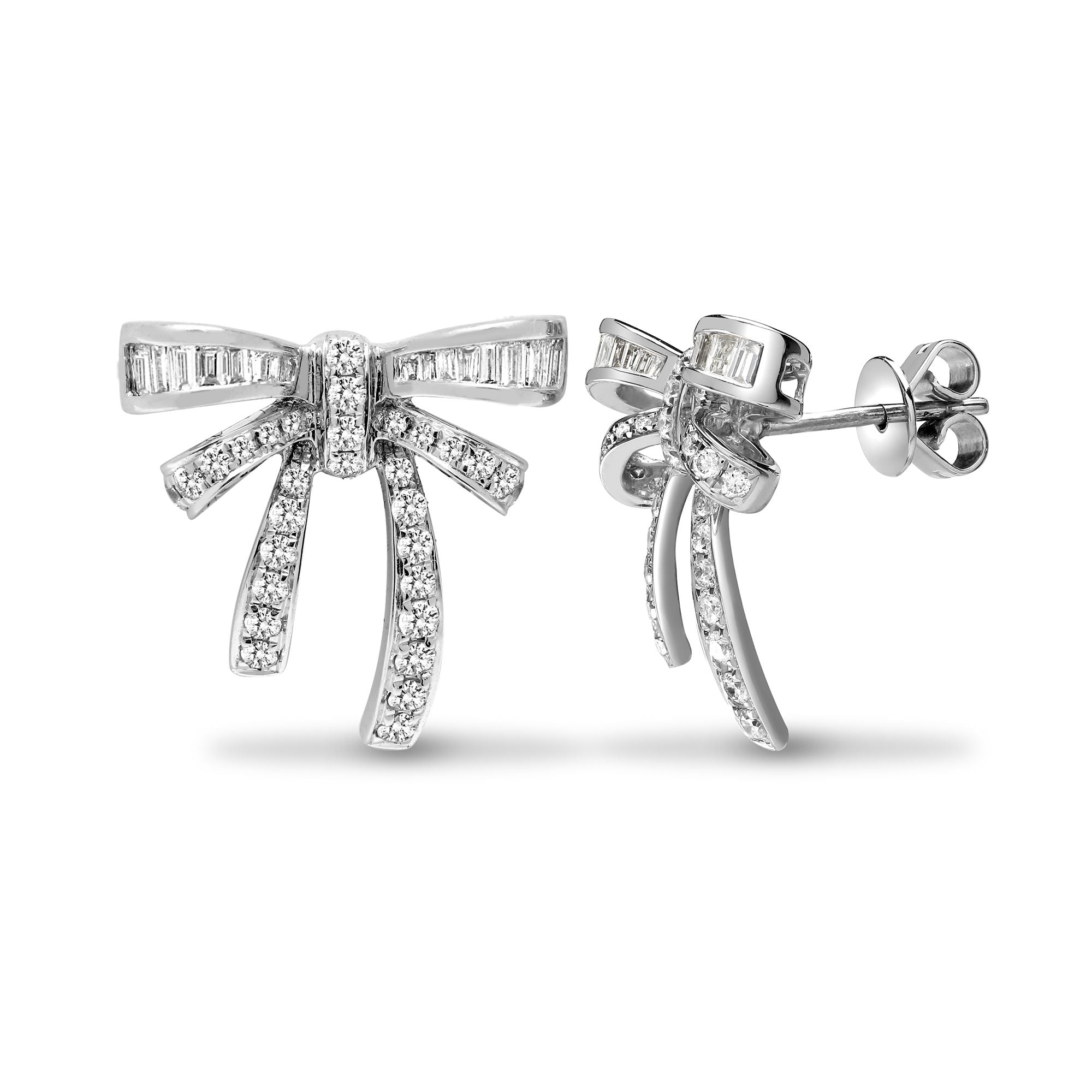 18ct White Gold 0.76ct Round & Baguette Natural Diamond Bow Earrings