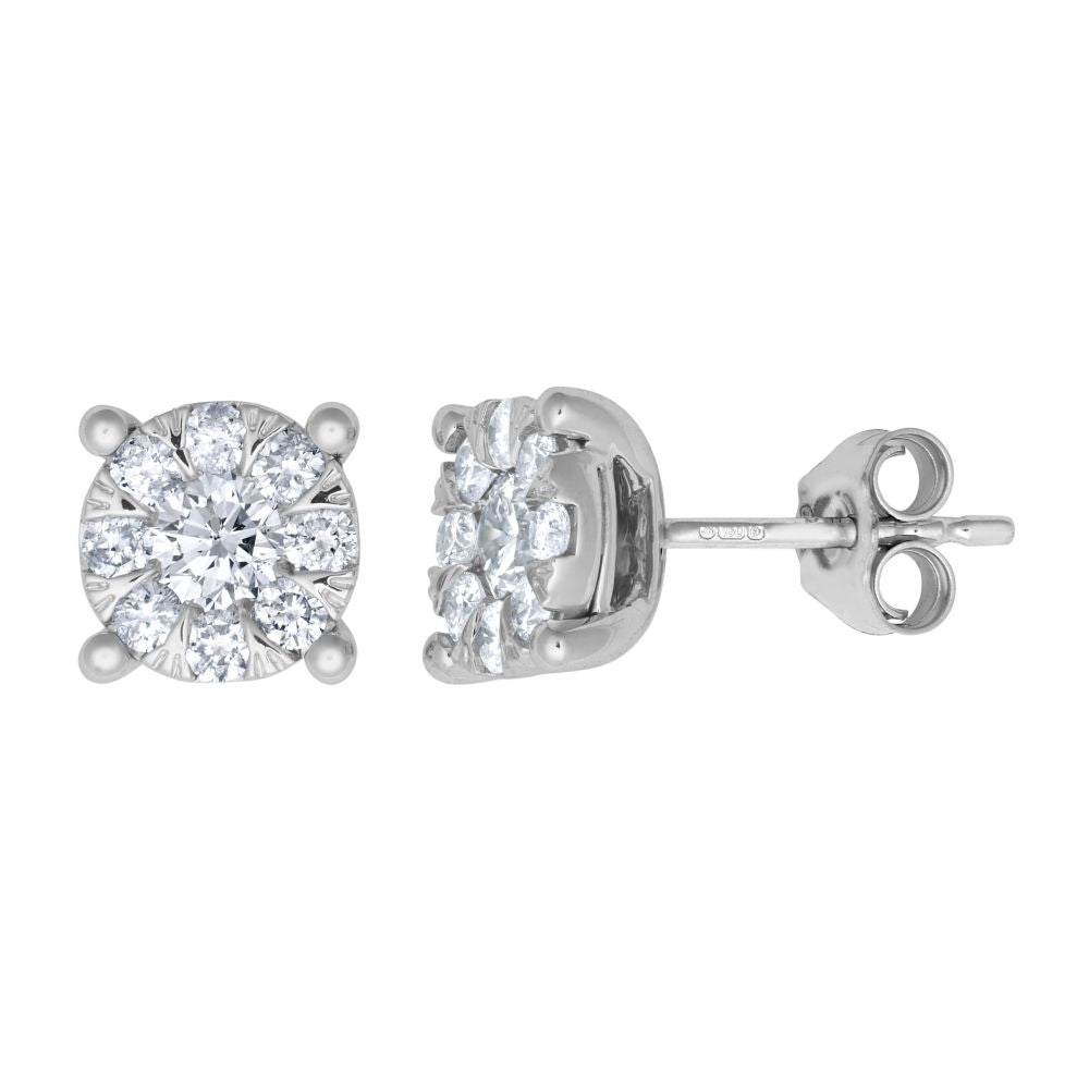18ct White 1.00ct Natural Diamond 7 Stone Cluster Earrings