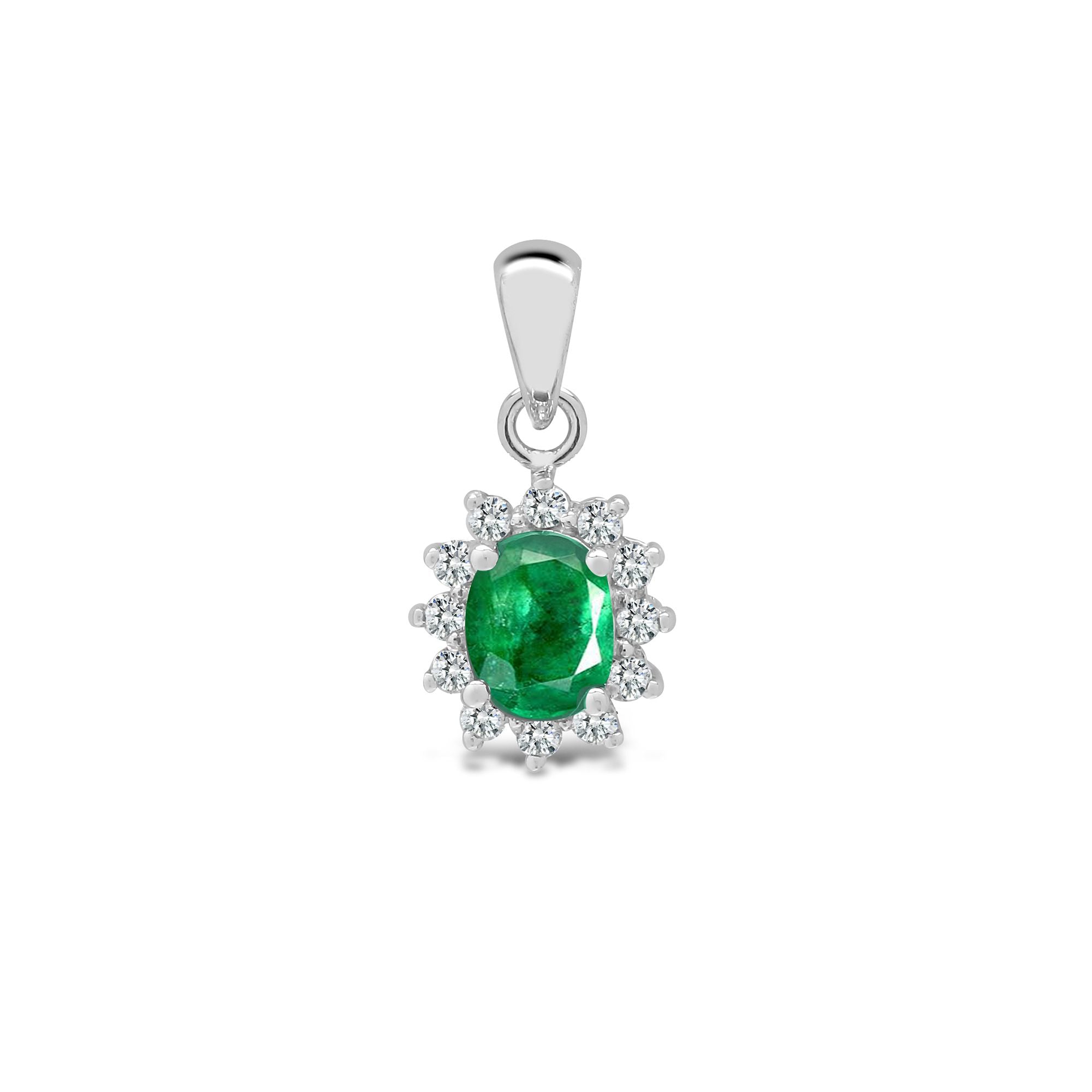 18ct White Gold Natural Diamond And Emerald Pendant