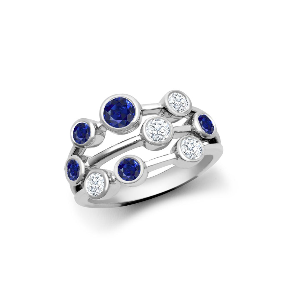 18R1004 | JN Jewellery 18ct White Gold 0.35cts Natural Diamond 0.89cts Sapphire 3 Row Bubble Ring