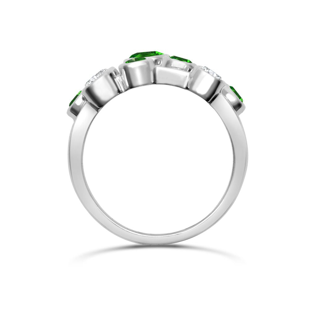 18ct White Gold 0.37cts Natural Diamond 0.71cts Emerald 3 Row Bubble Ring