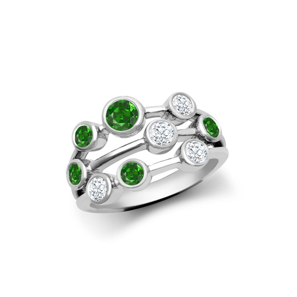 18ct White Gold 0.37cts Natural Diamond 0.71cts Emerald 3 Row Bubble Ring