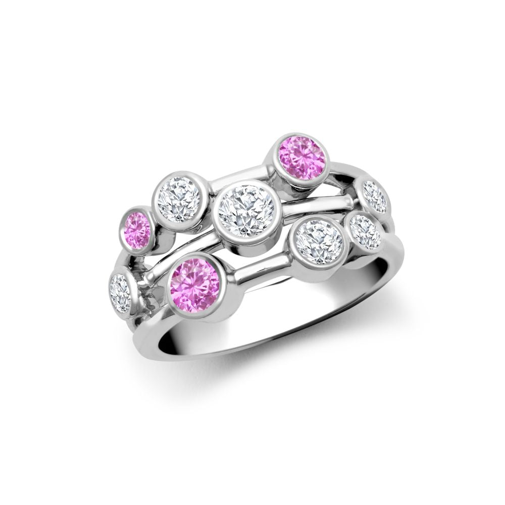 18ct White Gold 0.37cts Natural Diamond 0.45cts Pink Sapphire 3 Row Bubble Ring