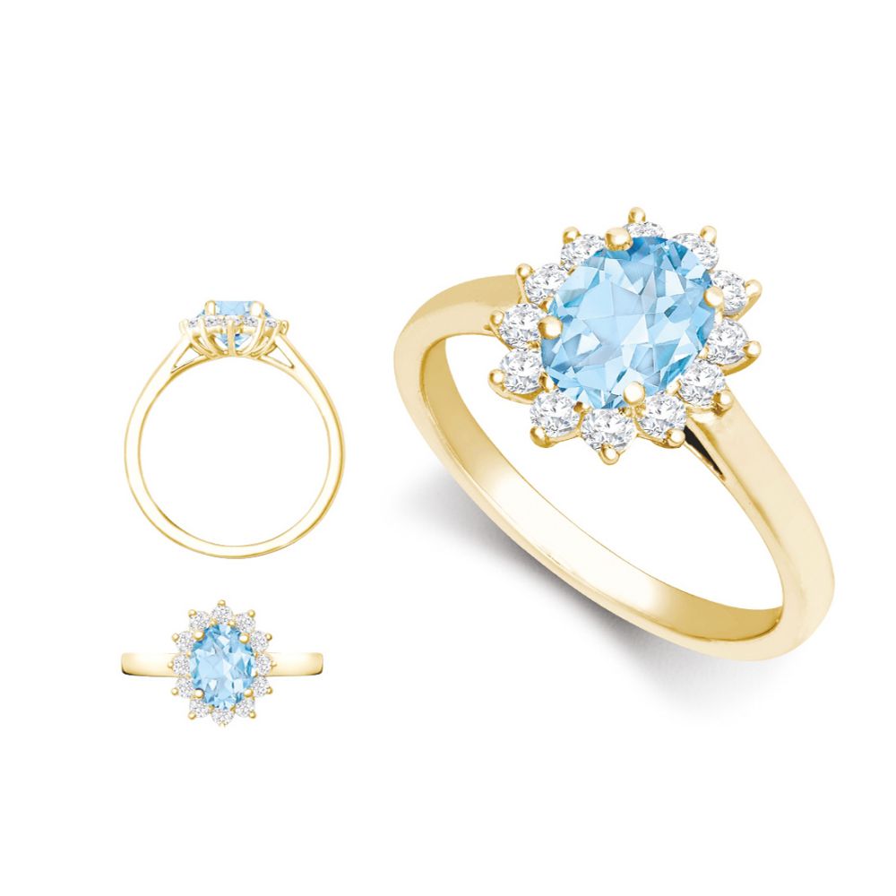 18R1010-7x5-I | 18ct Yellow Gold 0.35ct Natural Diamond Claw-set Cluster Halo Oval Ring - Holds 7x5mm Aquamarine 0.75cts