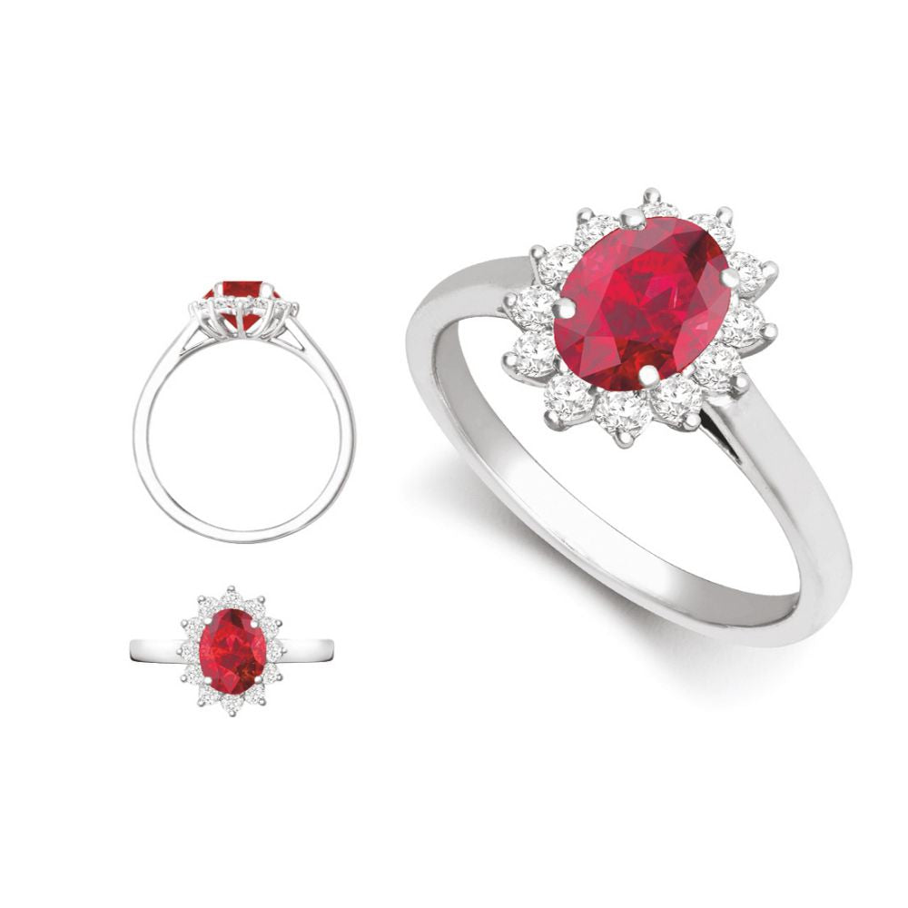 I | 18ct White Gold 0.35ct Natural Diamond Claw-set Cluster Halo Oval Ring - Holds 7x5mm Ruby 0.75cts