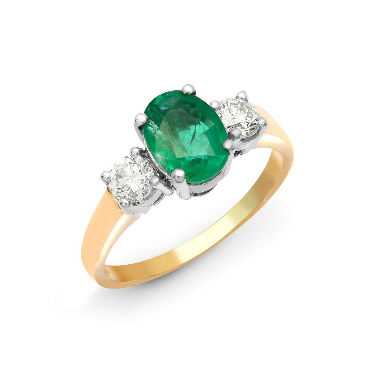 18ct Yellow Gold 3 Stone Natural Diamond And Emerald Ring