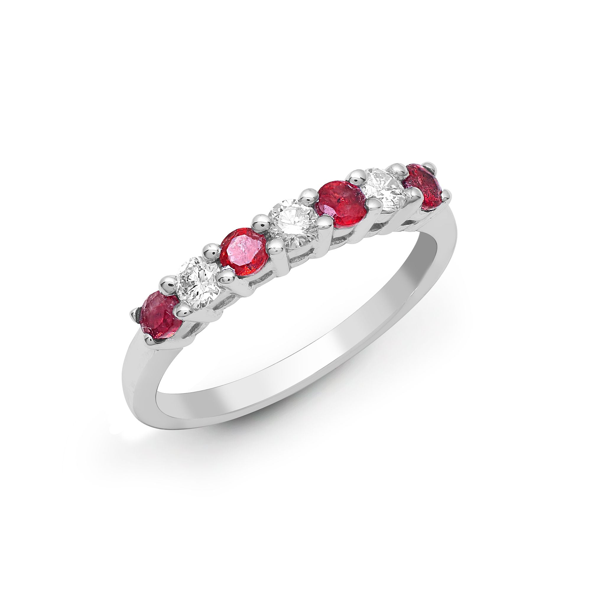 18ct White Gold Natural Diamond And Ruby Claw Set Half Eternity Ring