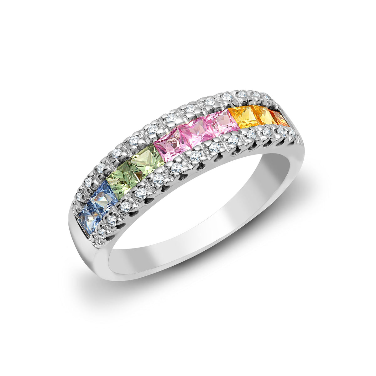 18ct White Gold Natural Diamond And Multi Coloured Sapphires Ring