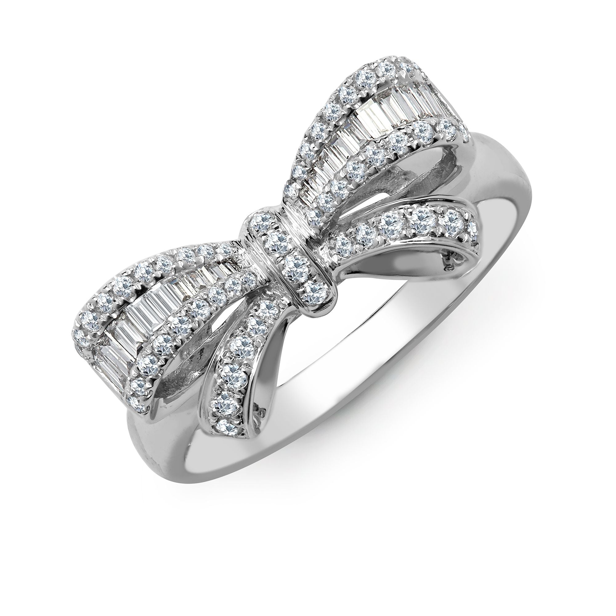 18ct White Gold 0.46ct Natural Diamond Round Brilliant Cut & Baguette Bow Ring
