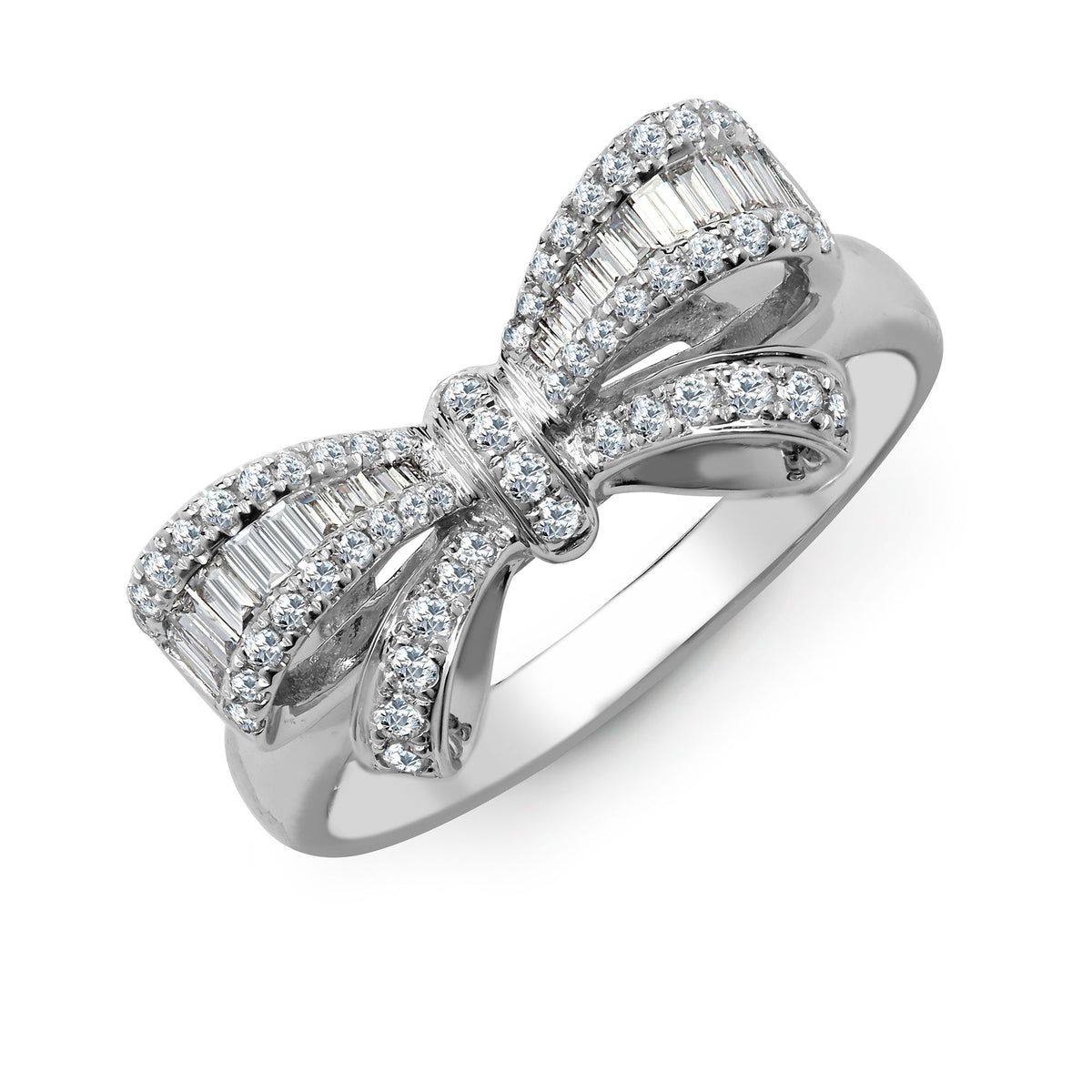18ct White Gold 0.46ct Natural Diamond Round Brilliant Cut & Baguette Bow Ring
