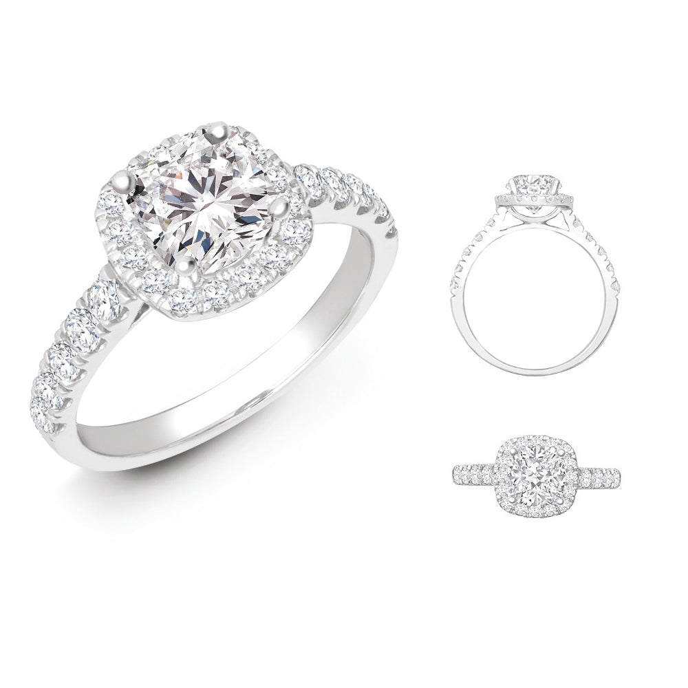18ct White Gold 0.33ct Natural Diamond Micro-set Cushion-shaped Halo and Shoulders Wed-fit Ring Mount + Diamond