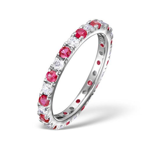 18ct White Gold Claw Set Full Eternity Ring Natural Diamond 0.50ct Ruby 0.80ct H Si