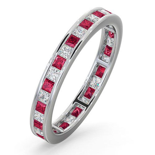 18ct White Gold Channel Set Princess Cut Full Eternity Ring Natural Diamond 0.50ct Ruby 0.60ct G VS