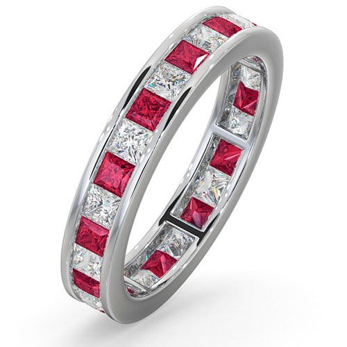 18ct White Gold Channel Set Princess Cut Full Eternity Ring Natural Diamond 1.00ct Ruby 1.25ct G VS