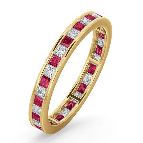 18ct Yellow Gold Channel Set Princess Cut Full Eternity Ring Natural Diamond Ruby 0.60ct VS