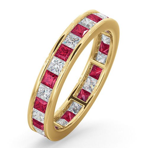 18ct Yellow Gold Channel Set Princess Cut Full Eternity Ring Natural Diamond 1.00ct Ruby 1.25ct GVS