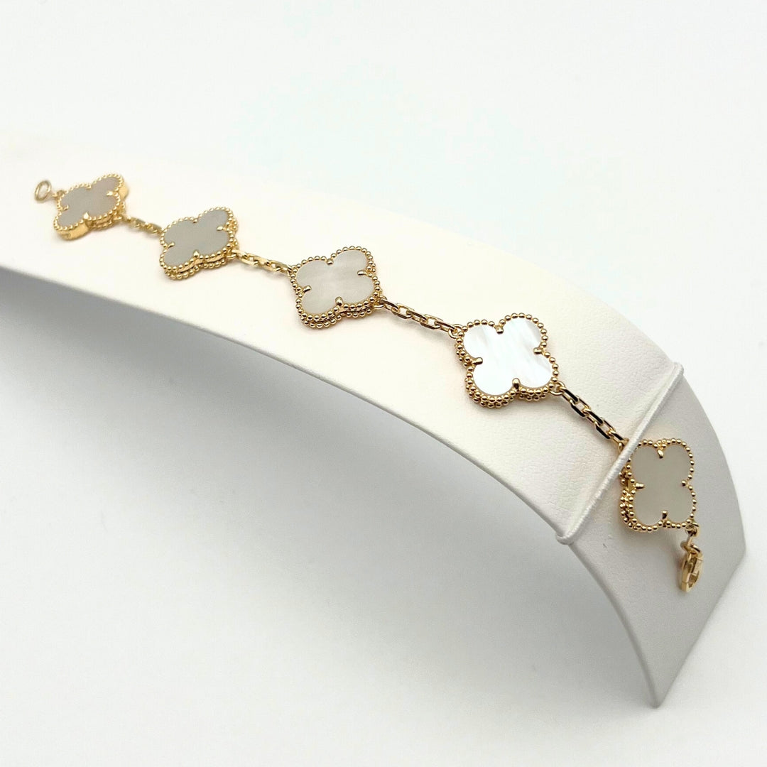 Van Cleef & Arpels Vintage Alhambra Bracelet 5 Motifs White Mother-Of-Pearl 18K Yellow Gold
