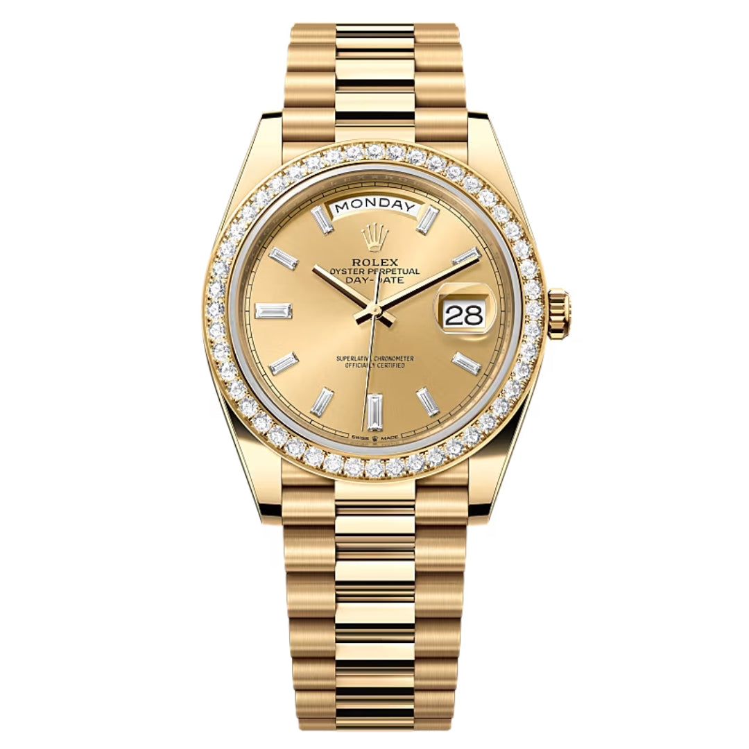 Rolex Day-Date 40 228348RBR Factory Diamond Bezel and Champagne Baguette Dial 2023