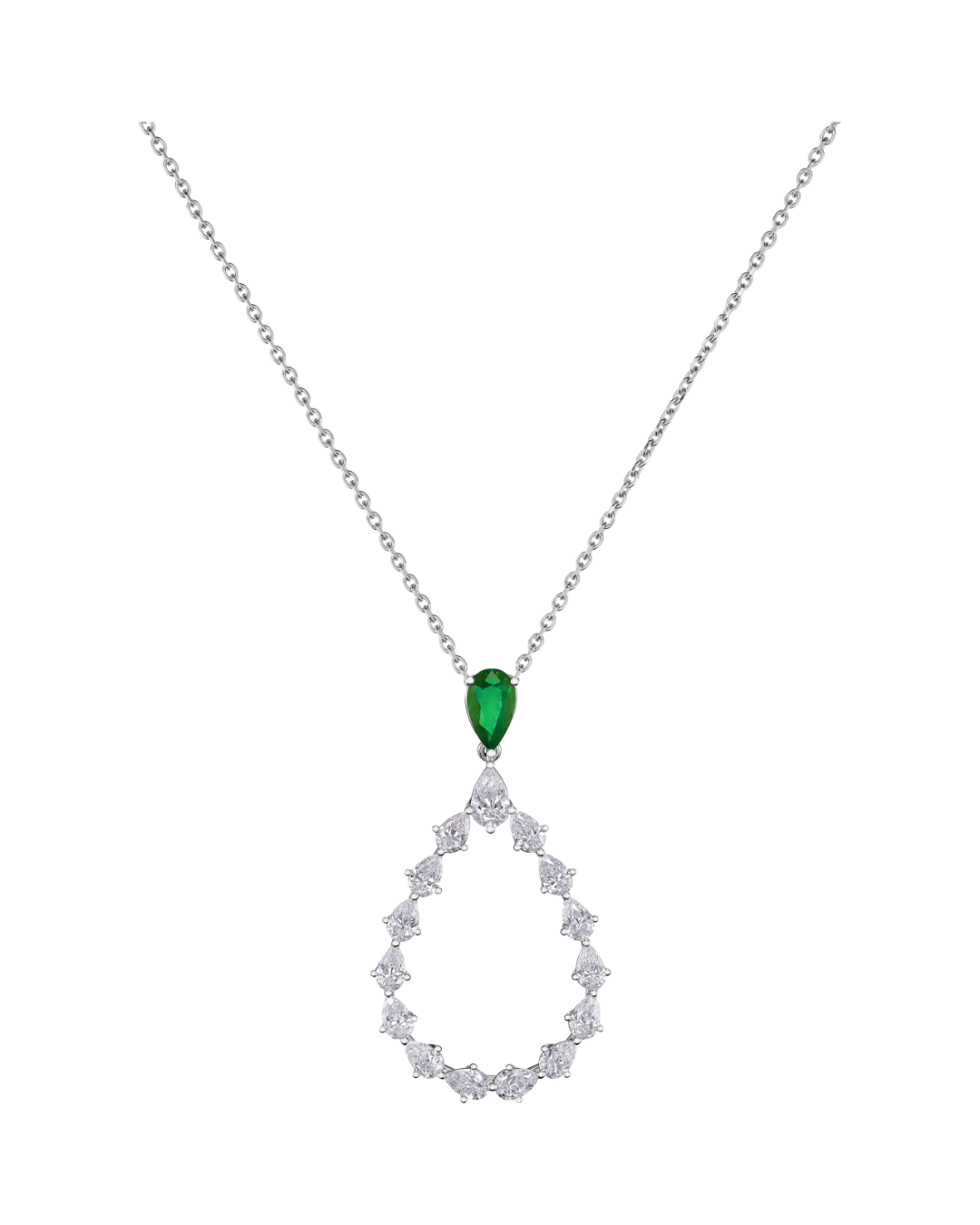 L'Heure Du Diamant Drop Diamond and Emerald Pendant 18ct White Gold