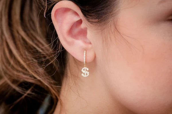 Erkals Jewellers Dangling Dollar Sign Huggie Hoop Earrings 18K Gold 0.65ctw