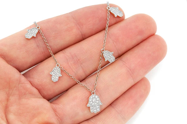 0.40ct Diamond 5 Hamsa Rolo Connected Necklace 18K Solid Gold