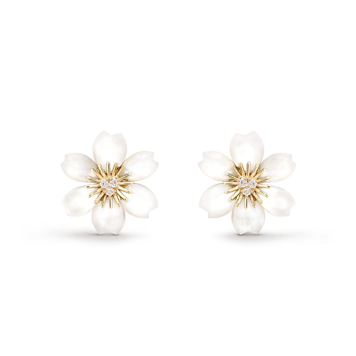 Van Cleef & Arpels Rose De Noël Diamond Mother-Of-Pearl Mini Earrings 18K Yellow Gold