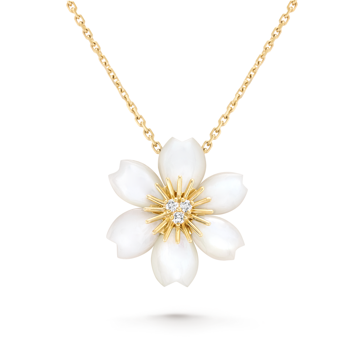 Van Cleef & Arpels Rose De Noël Diamond Mother-Of-Pearl Mini Pendant 18K Yellow Gold