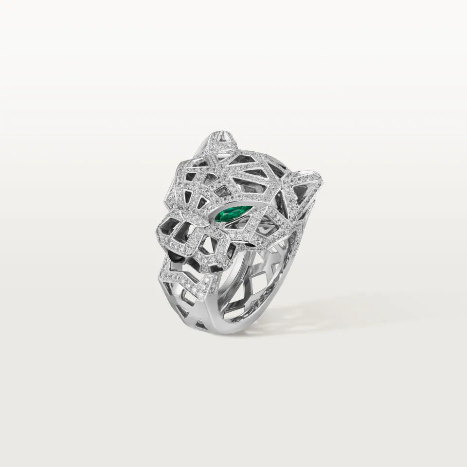 Cartier Panthère de Cartier Ring Paved Onyx Emeralds Diamonds 18K White Gold