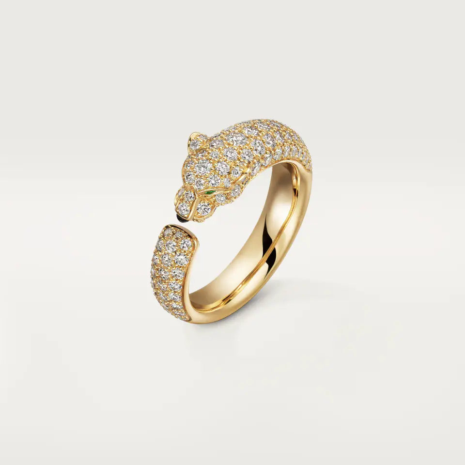 Cartier Panthère de Cartier Ring Small Model Paved Emeralds Onyx Diamonds 18K Yellow Gold