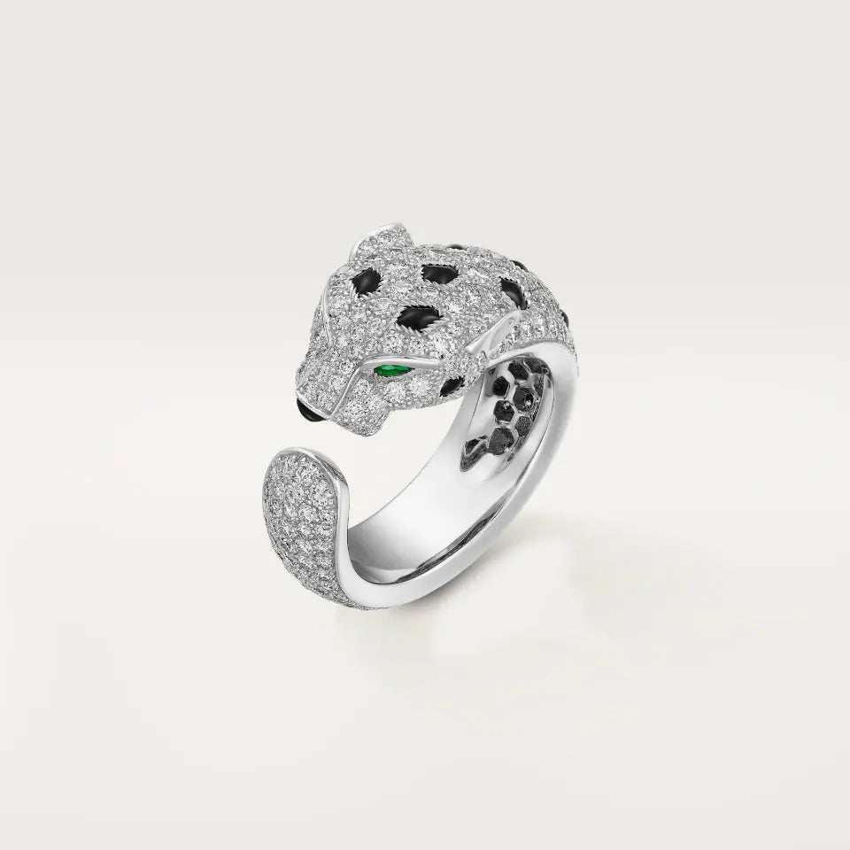 Cartier Panthère de Cartier Ring Medium Model Half-Paved 2.21 Ct Emeralds Onyx Diamonds 18K White Gold