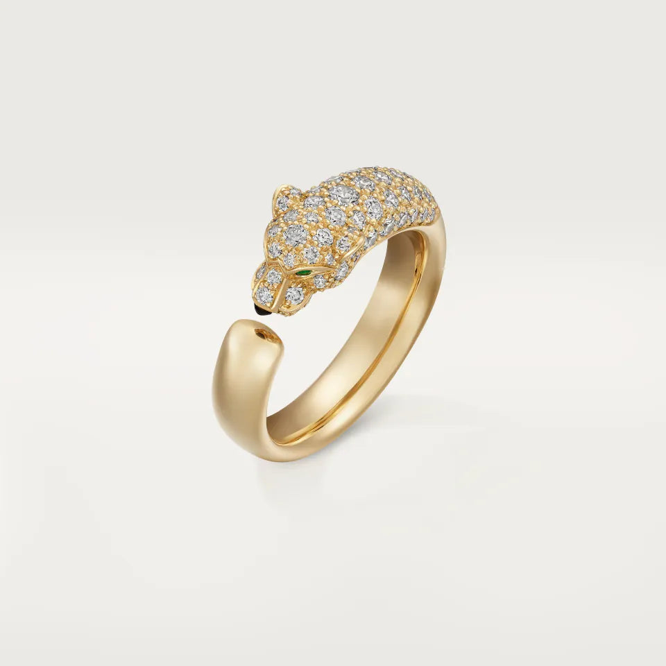 Cartier Panthère de Cartier Ring Small Model Half-Paved Emeralds Onyx Diamonds 18K Yellow Gold