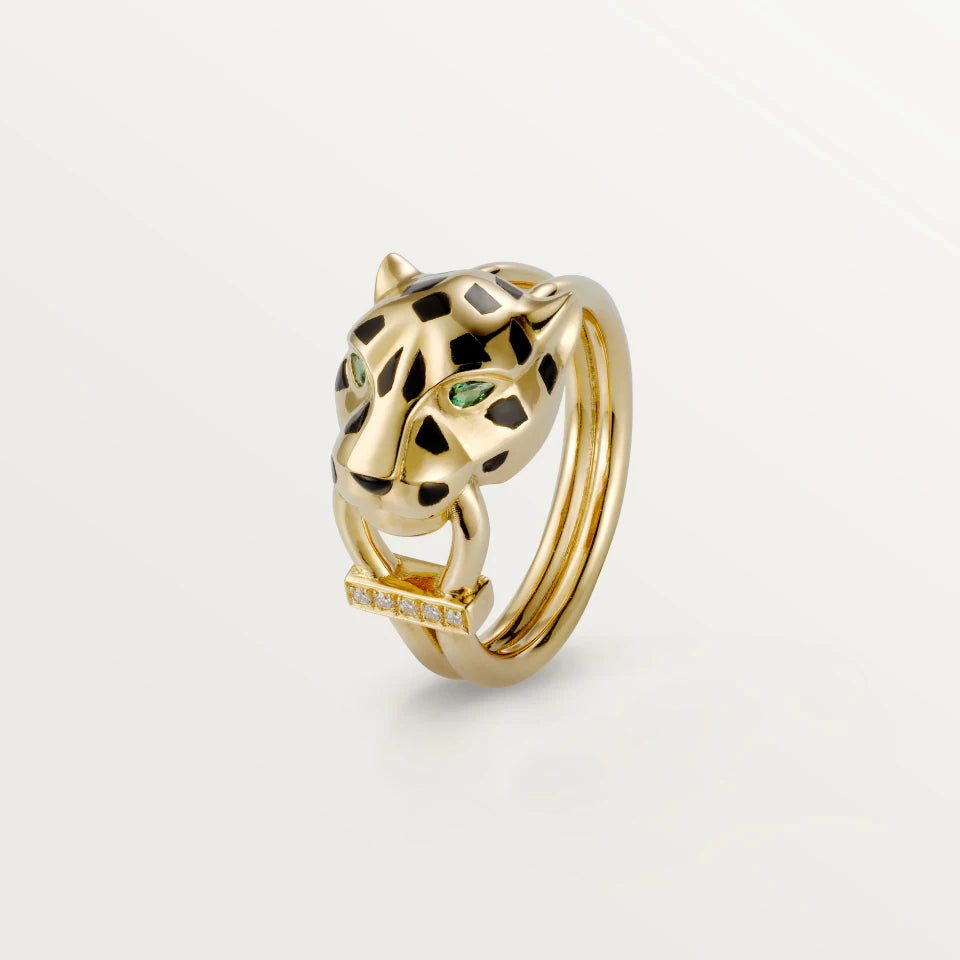 Cartier Panthère de Cartier Ring Diamonds Black Lacquer Tsavorite Garnets 18K Yellow Gold