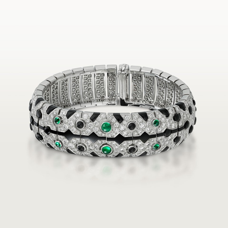 Cartier Panthère Cuff Bracelet White Gold Emeralds Onyx Diamonds 18K White Gold