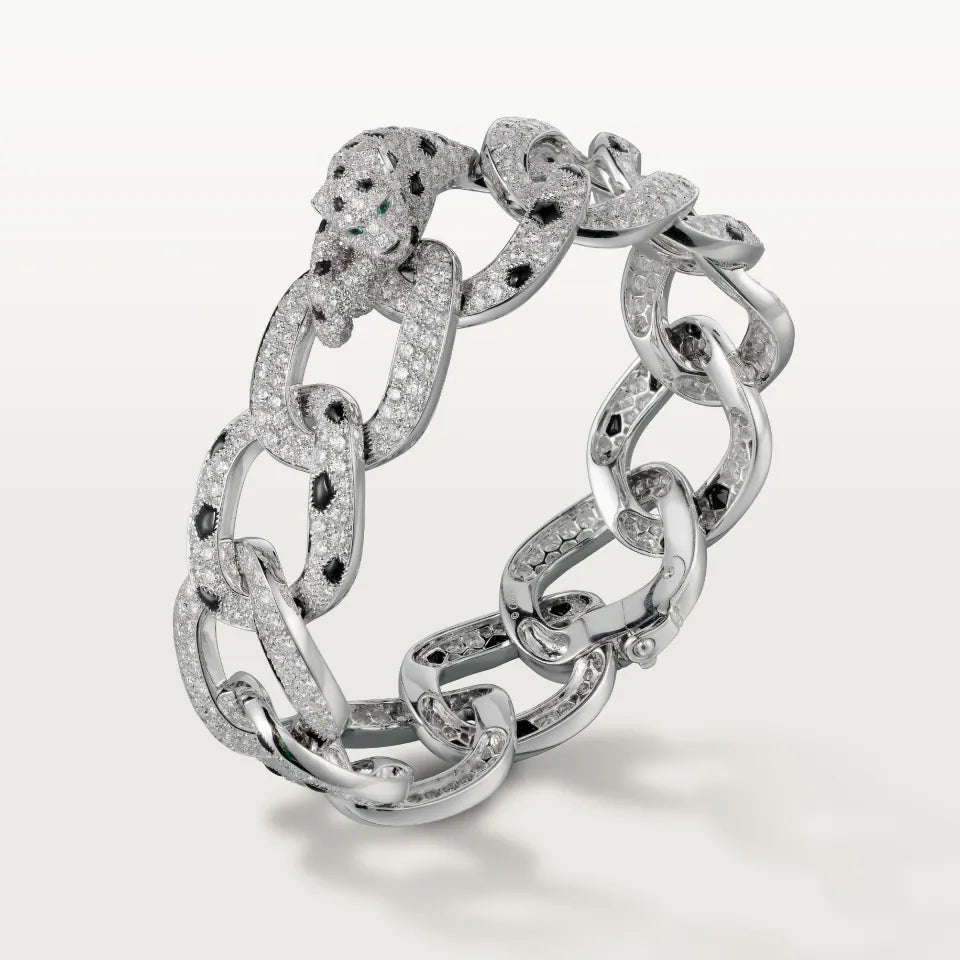 Cartier Panthère de Cartier Bracelet Paved 8.31 Ct Emeralds Onyx Diamonds 18K White Gold