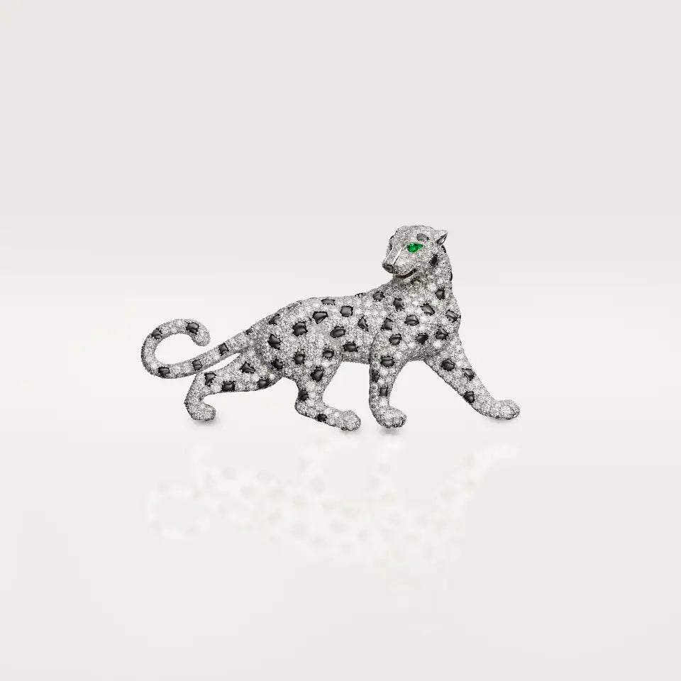 Cartier Panthère de Cartier Brooch Emerald Paved Onyx Diamonds 18K White Gold