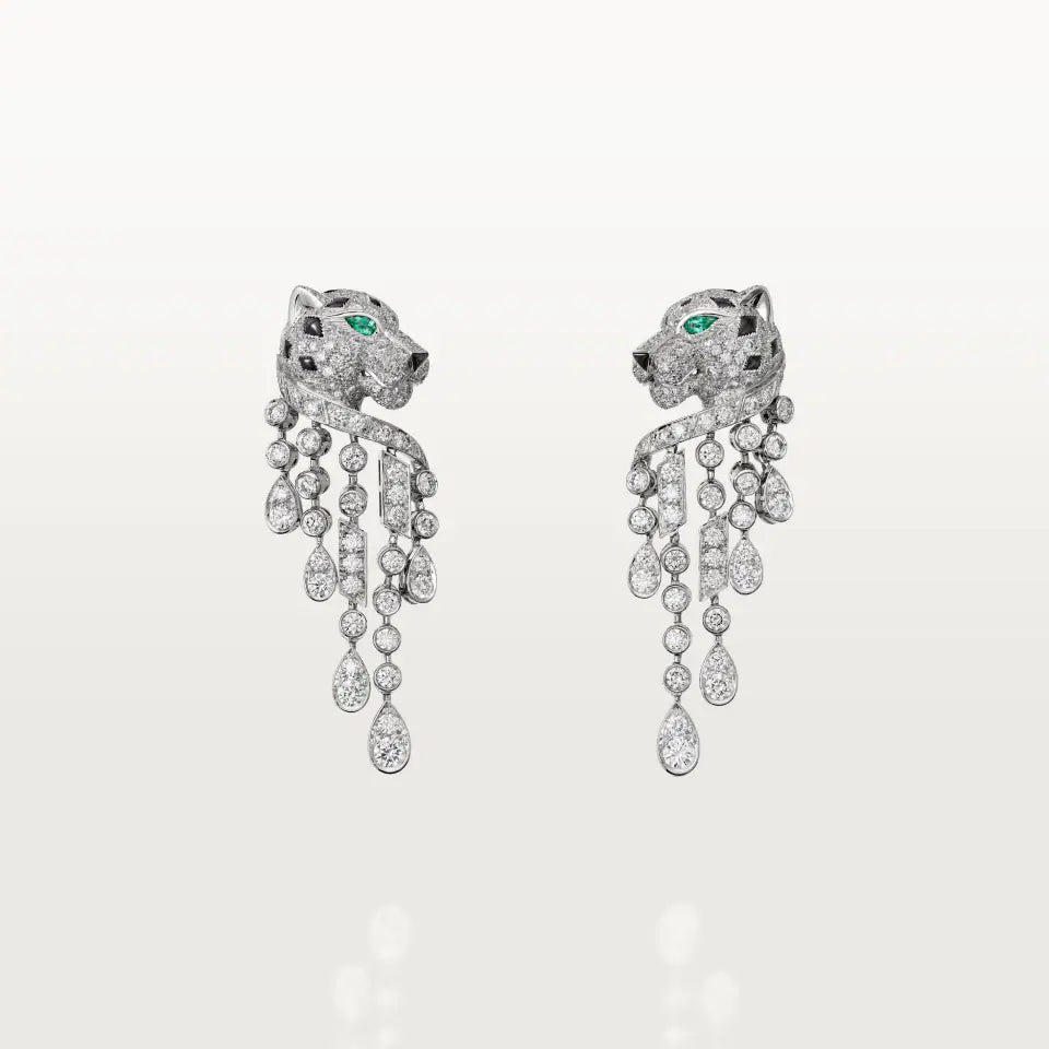 Cartier Panthère de Cartier Earrings Large Model Paved Heritage Emeralds Onyx Diamonds 18K White Gold